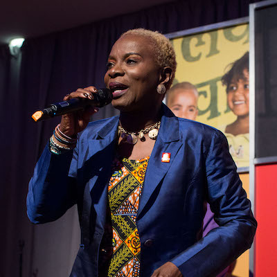 Grammy Award winner Angélique Kidjo performs a song from her album "Eve." The third annual World Polio Day webcast being produced in New York City, USA, 23 October 2015.